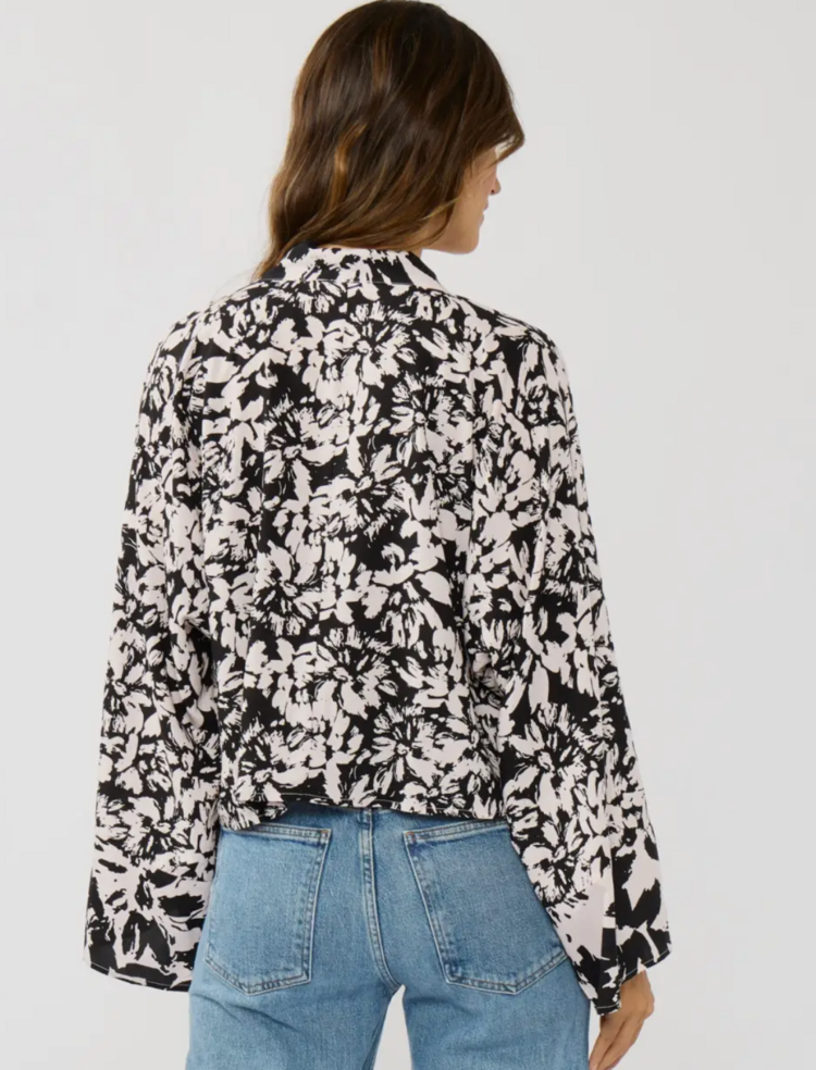 Floral Tie Front Kimono Top Black and White