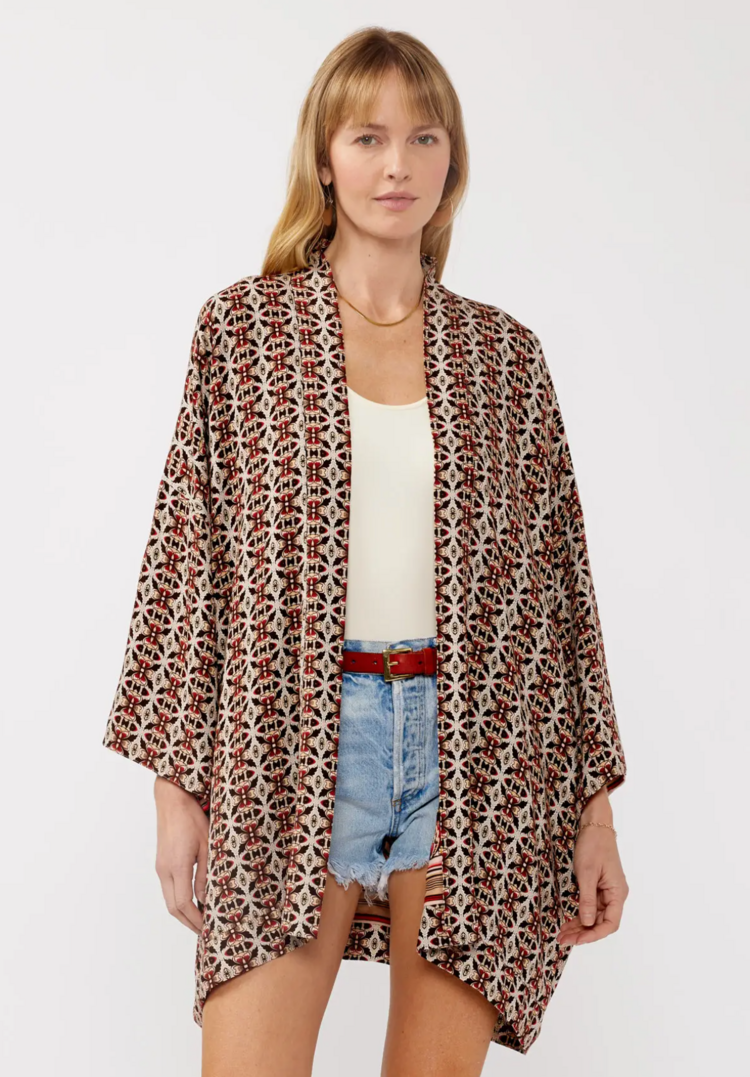 Reversible Boho Floral Kimono Natural/Wine