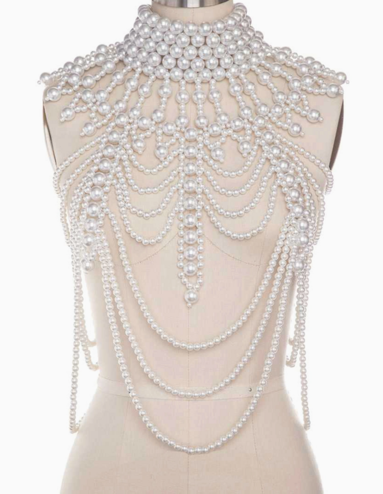 Dramatic Pearl Beaded Body Chain White
