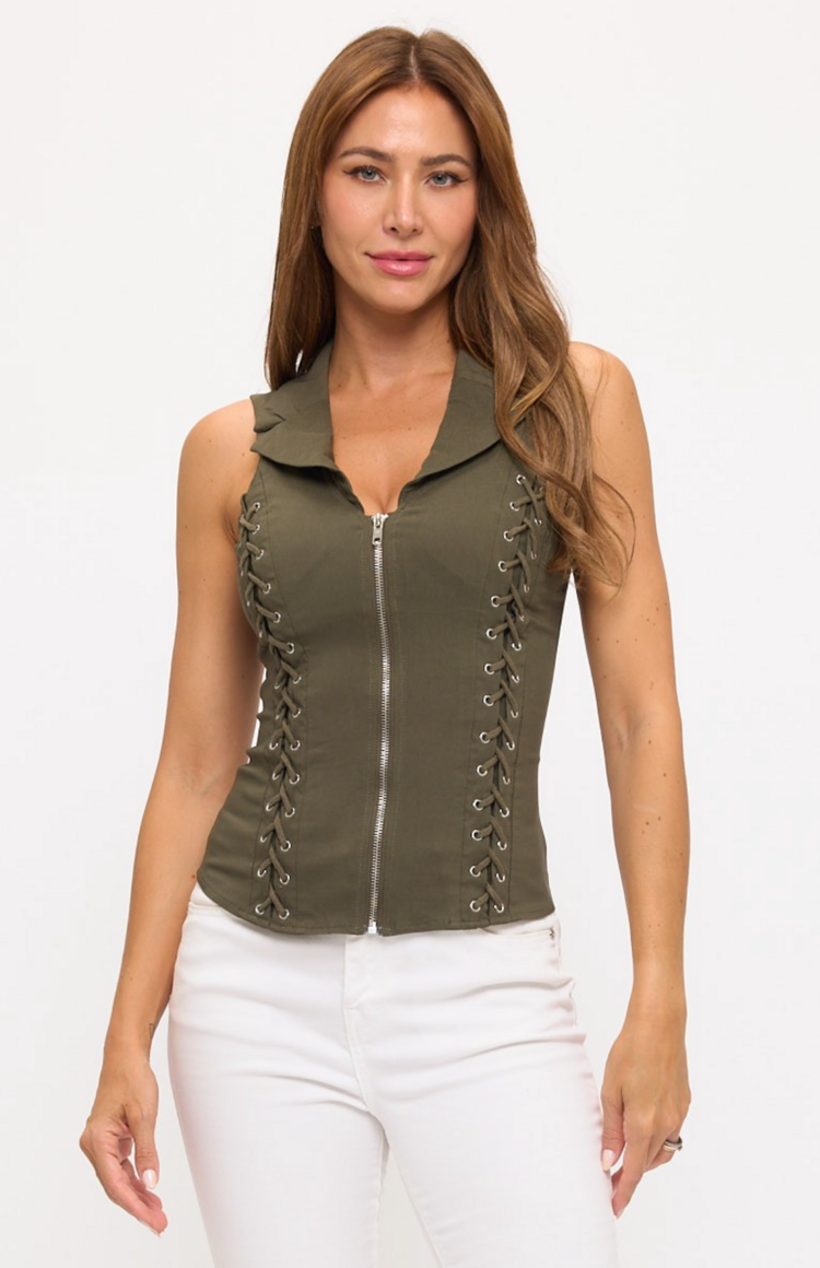 Lace Up Front Detail Criss Cross Back Cutout Halter Top