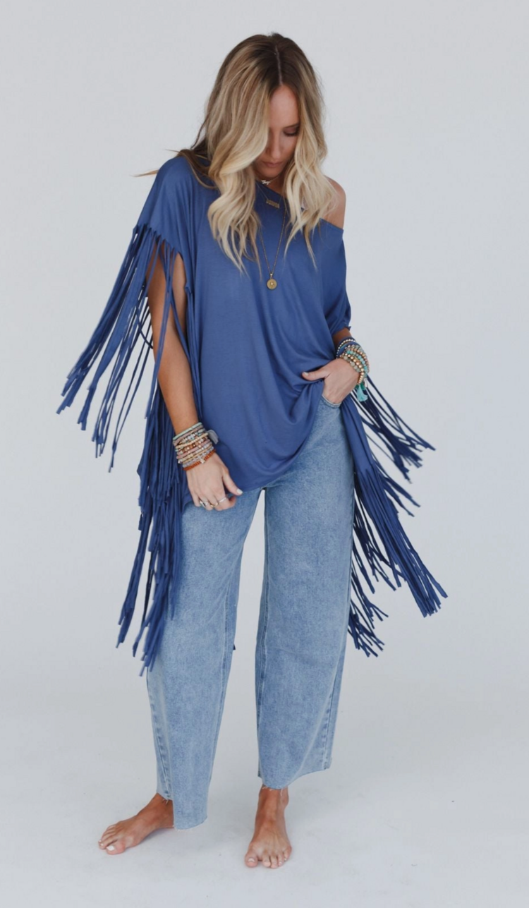 Three Bird Nest Western Showstopper Fringe Top Denim