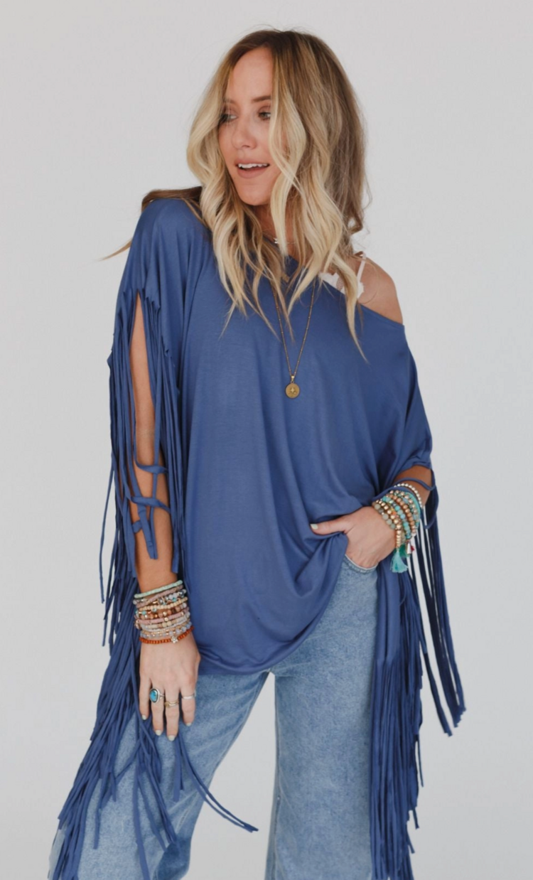 Three Bird Nest Western Showstopper Fringe Top Denim