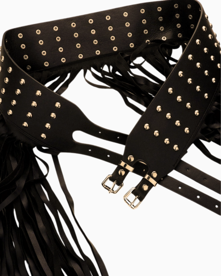 Studded Fringe Waist Belt Black