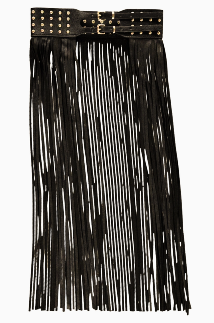 Studded Fringe Waist Belt Black