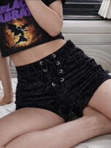 Crushed Velvet Lace-Up Shorts Black
