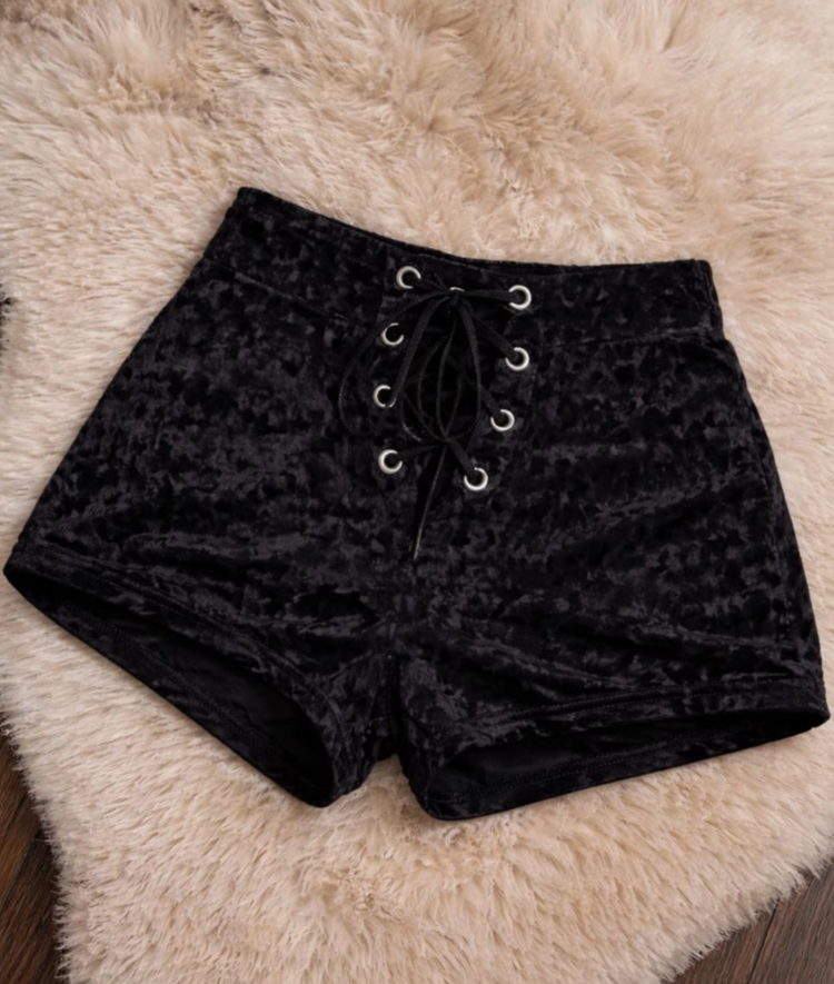 Crushed Velvet Lace-Up Shorts Black