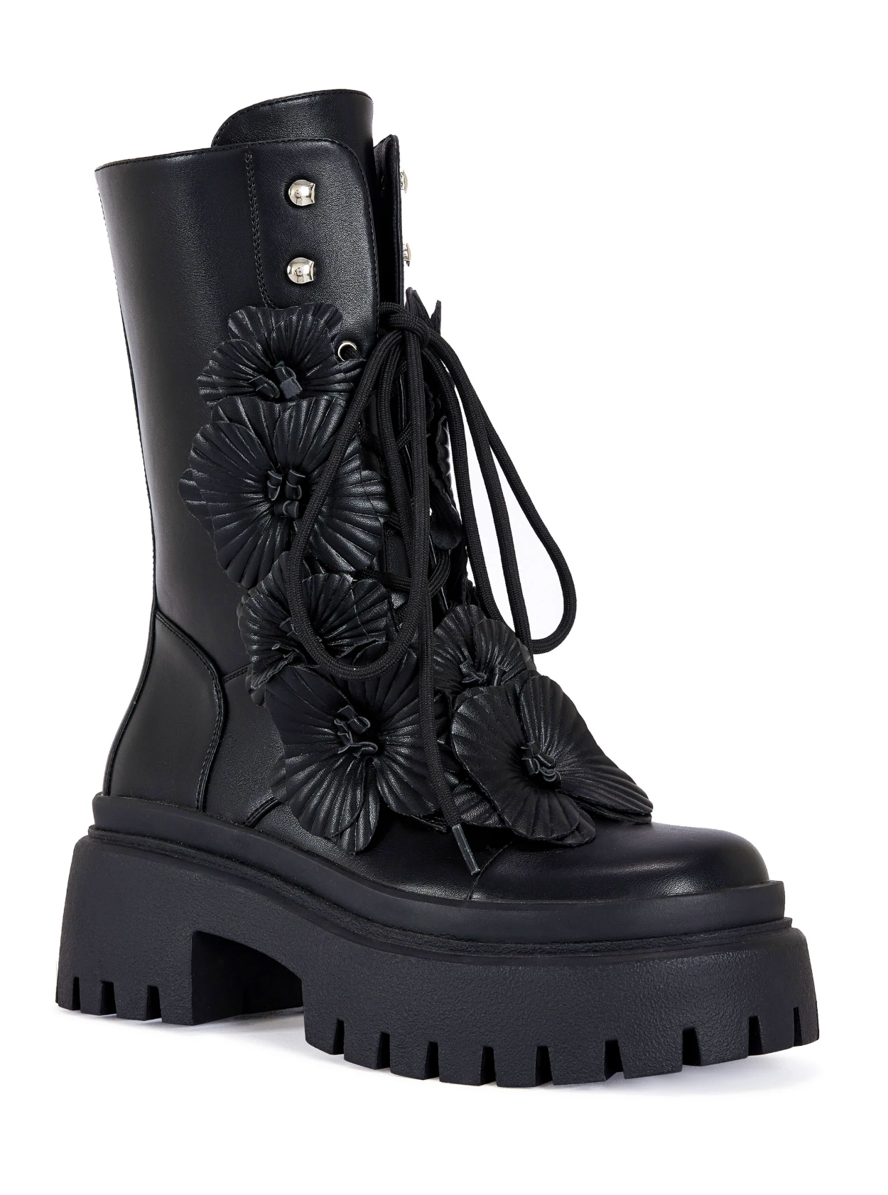 Faux Leather 3D Flower Combat Boot Black | No Rules Fashion - No