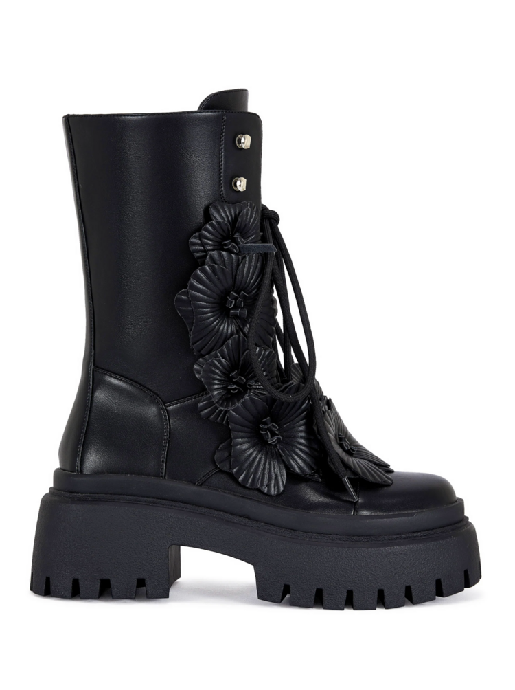 Faux Leather 3D Flower Combat Boot Black