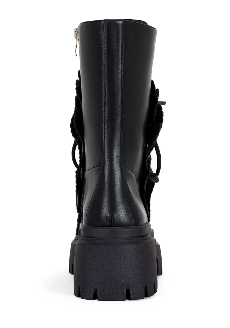 Faux Leather 3D Flower Combat Boot Black