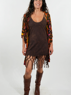 Tank Dress with Fringe Stonewash Spandex Brown
