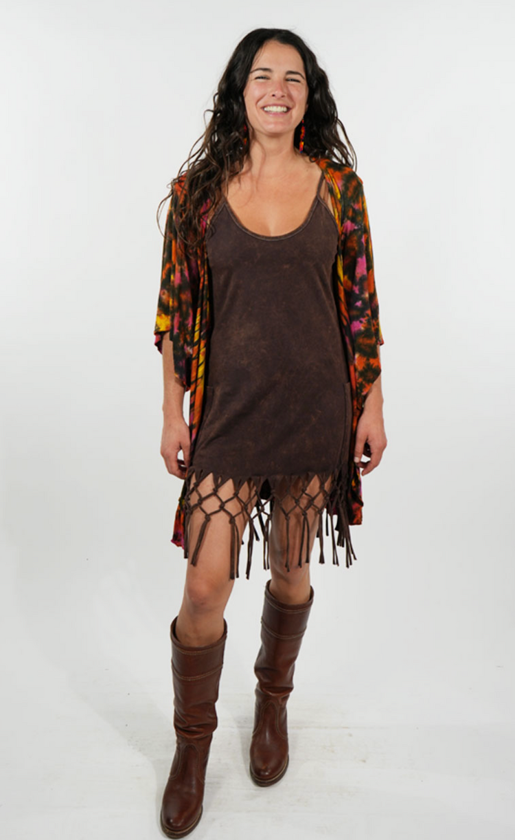 Tank Dress with Fringe Stonewash Spandex Brown
