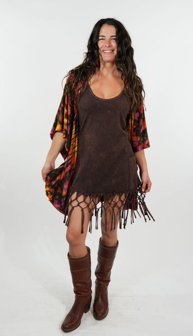 Tank Dress with Fringe Stonewash Spandex Brown