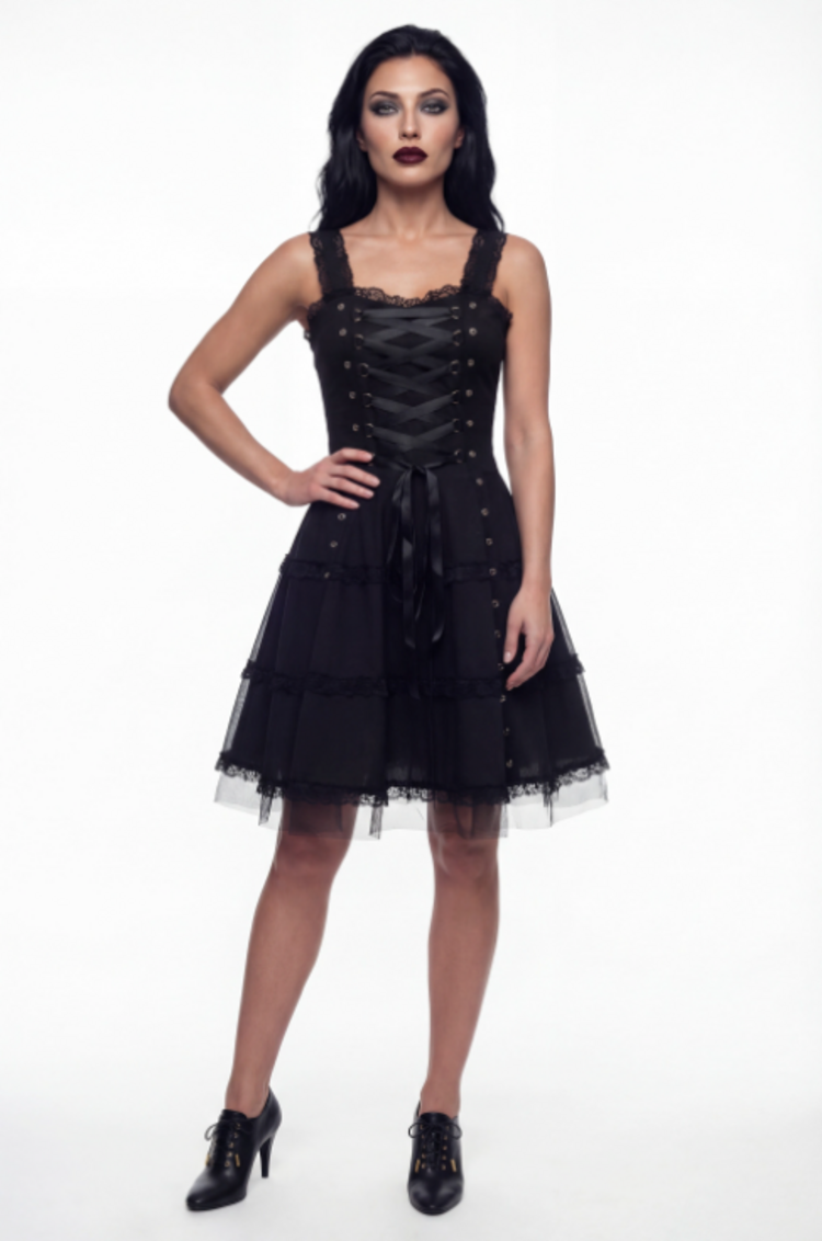 Black Gothic Lace Up Dress
