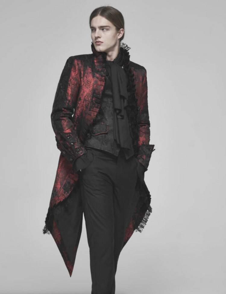 Rococo Lace Trimmed Tuxedo Coat Red Black