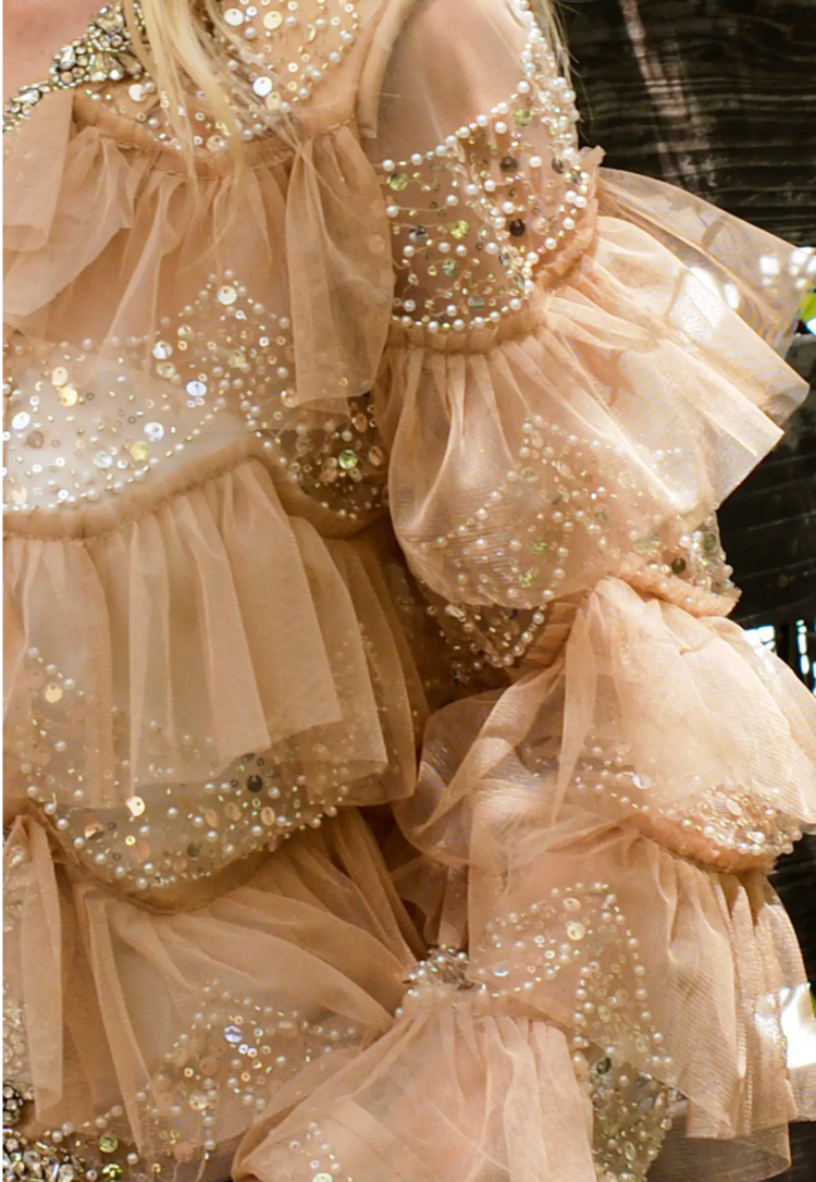 Multi-Embellished Ruffled Frill Sheer Jacket Nude