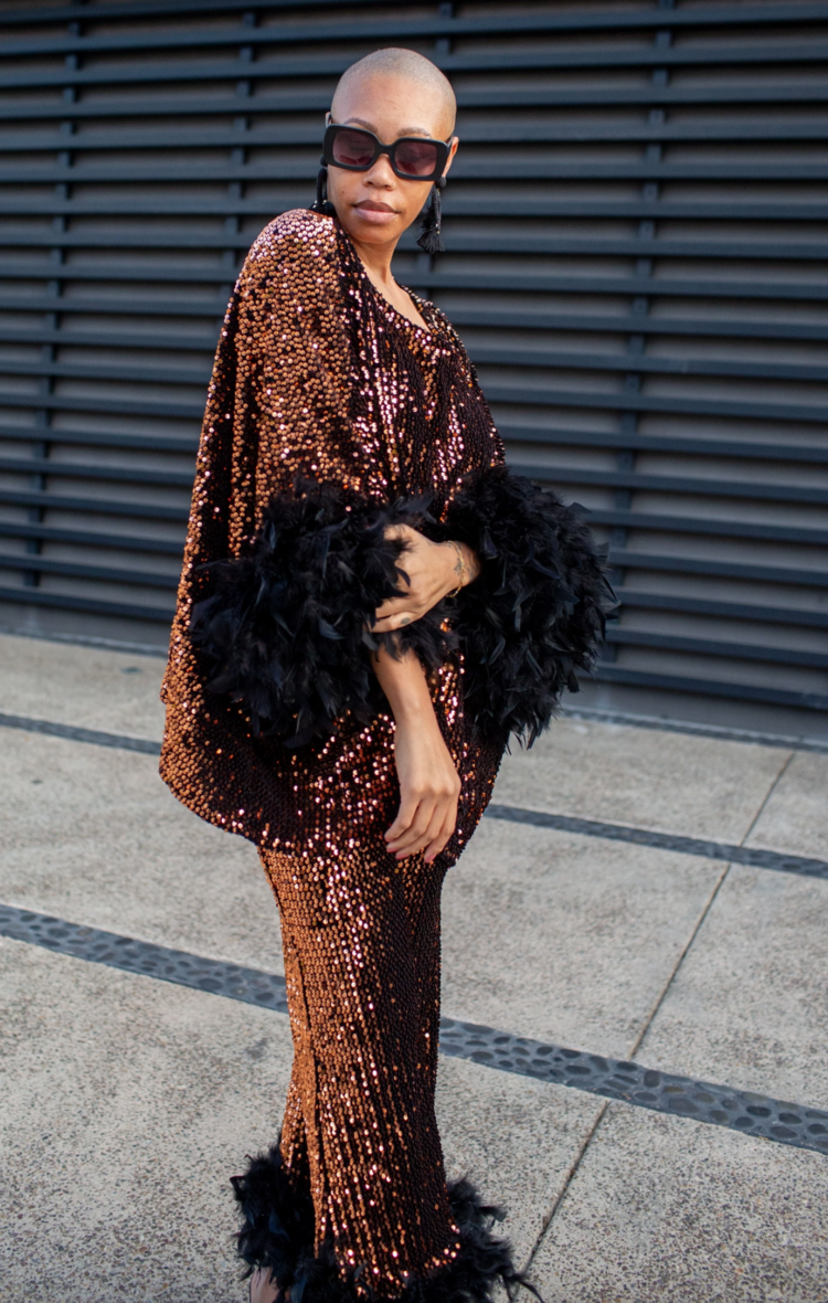 Cara Disco Set in Copper Flash Sequins with Feather Trim