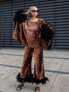 Cara Sequin Feather Trim Disco Set Copper Flash