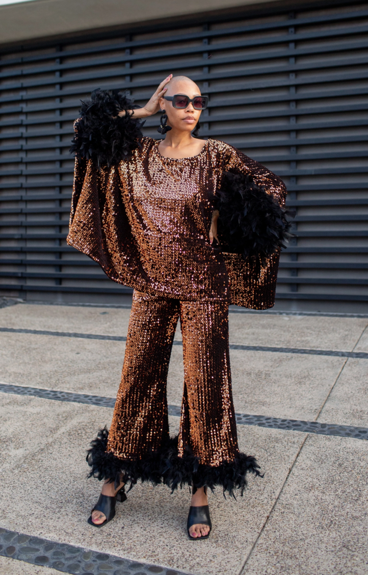 Cara Disco Set in Copper Flash Sequins with Feather Trim