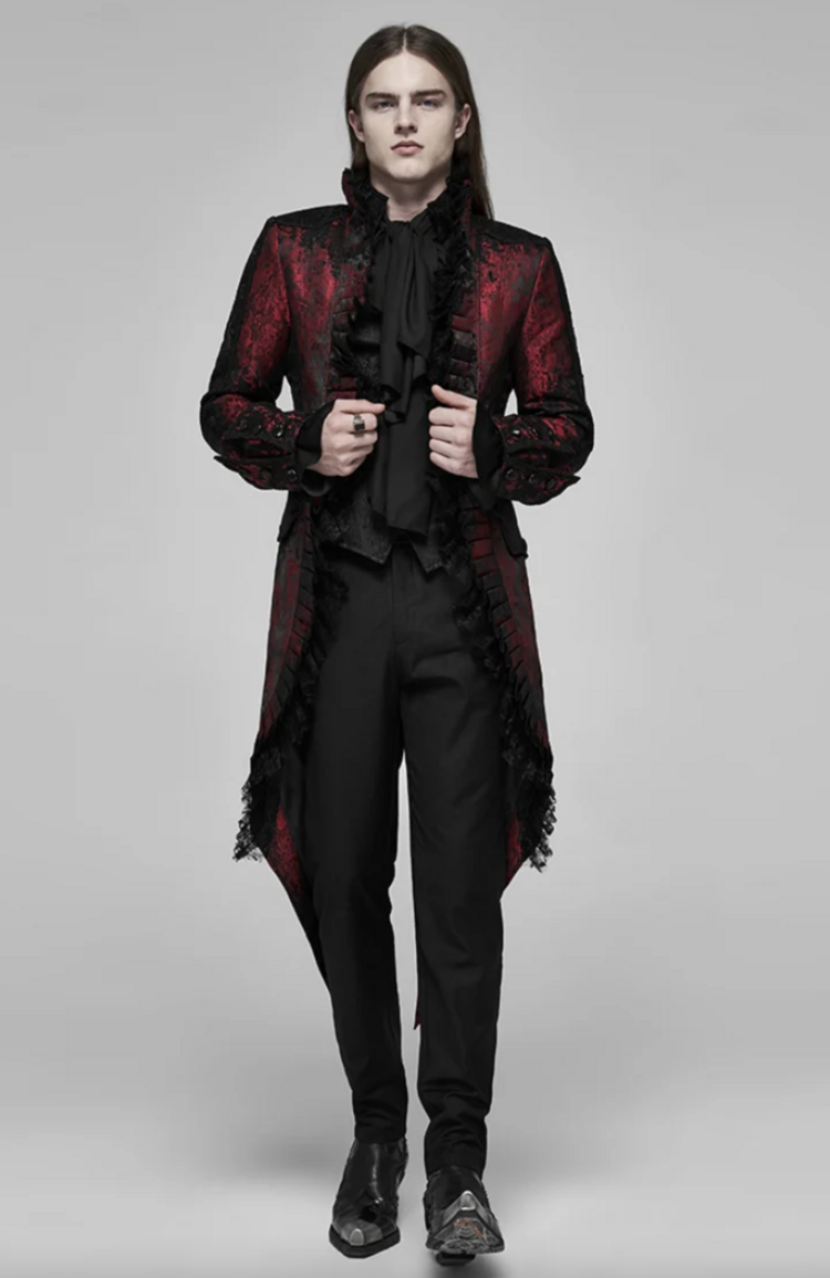 Rococo Lace Trimmed Tuxedo Coat Red Black
