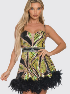 Feather Hem Mix Sequin Mini Dress Black