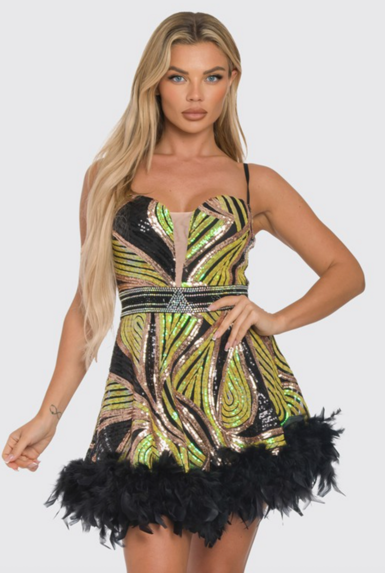 Feather Hem Mix Sequin Mini Dress Black