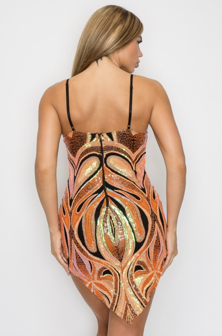Sequin Paisley Print V-Neck Bodycon Dress Orange Multi