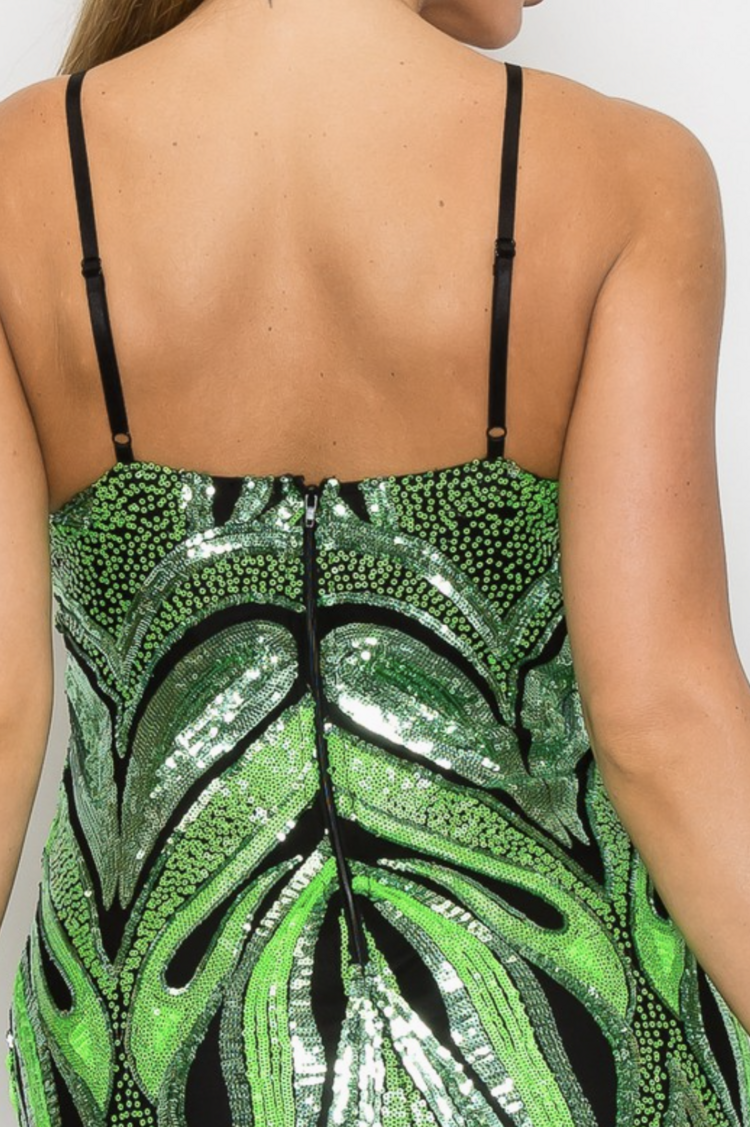 Sequin Paisley Print V-Neck Bodycon Dress Green Multi