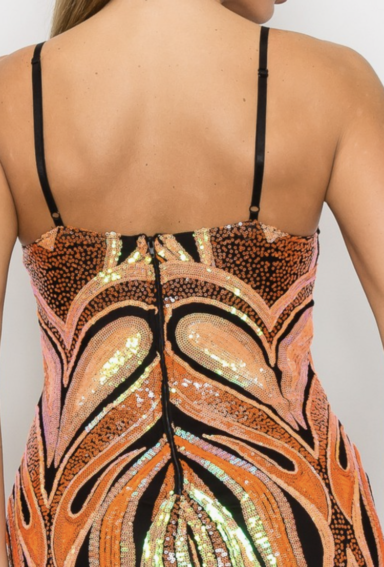 Sequin Paisley Print V-Neck Bodycon Dress Orange Multi
