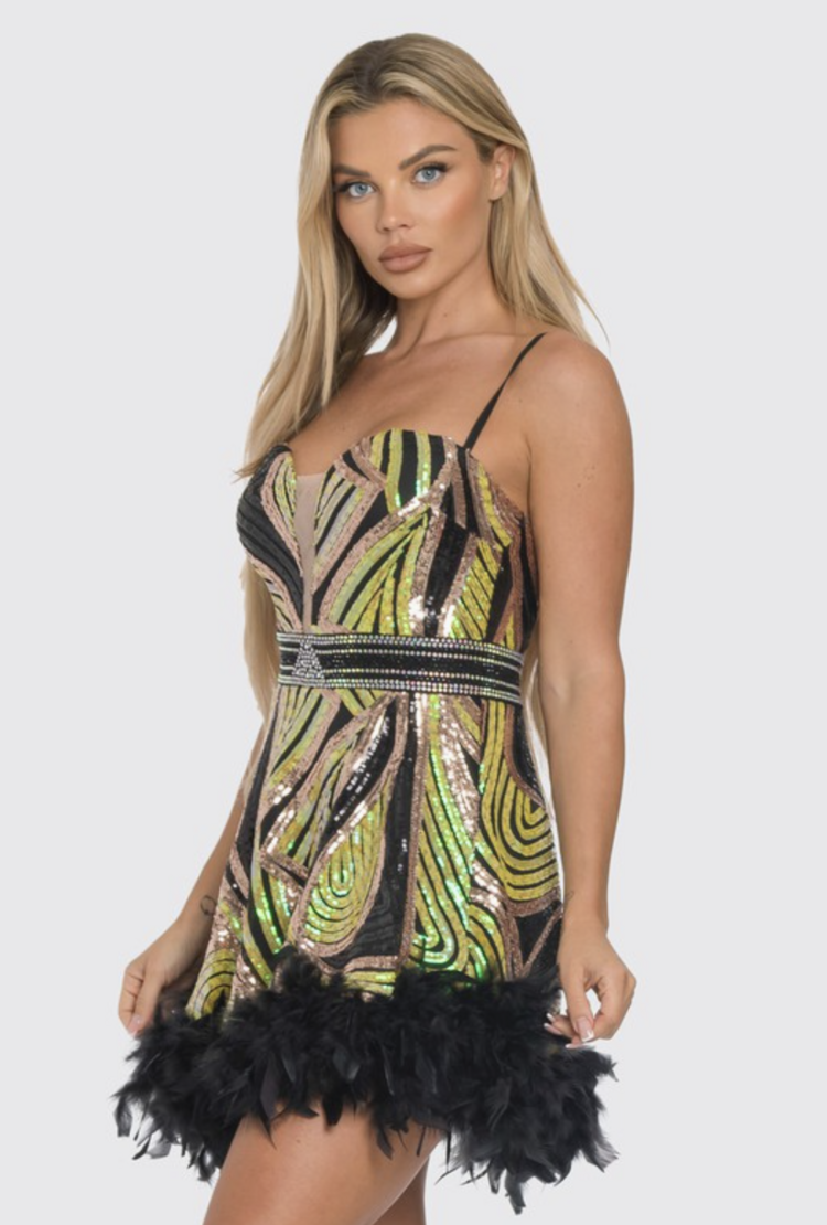 Feather Hem Mix Sequin Mini Dress Black