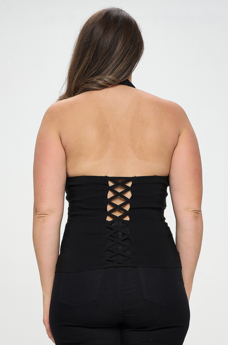 Lace Up Detail Collar Halter Top Plus
