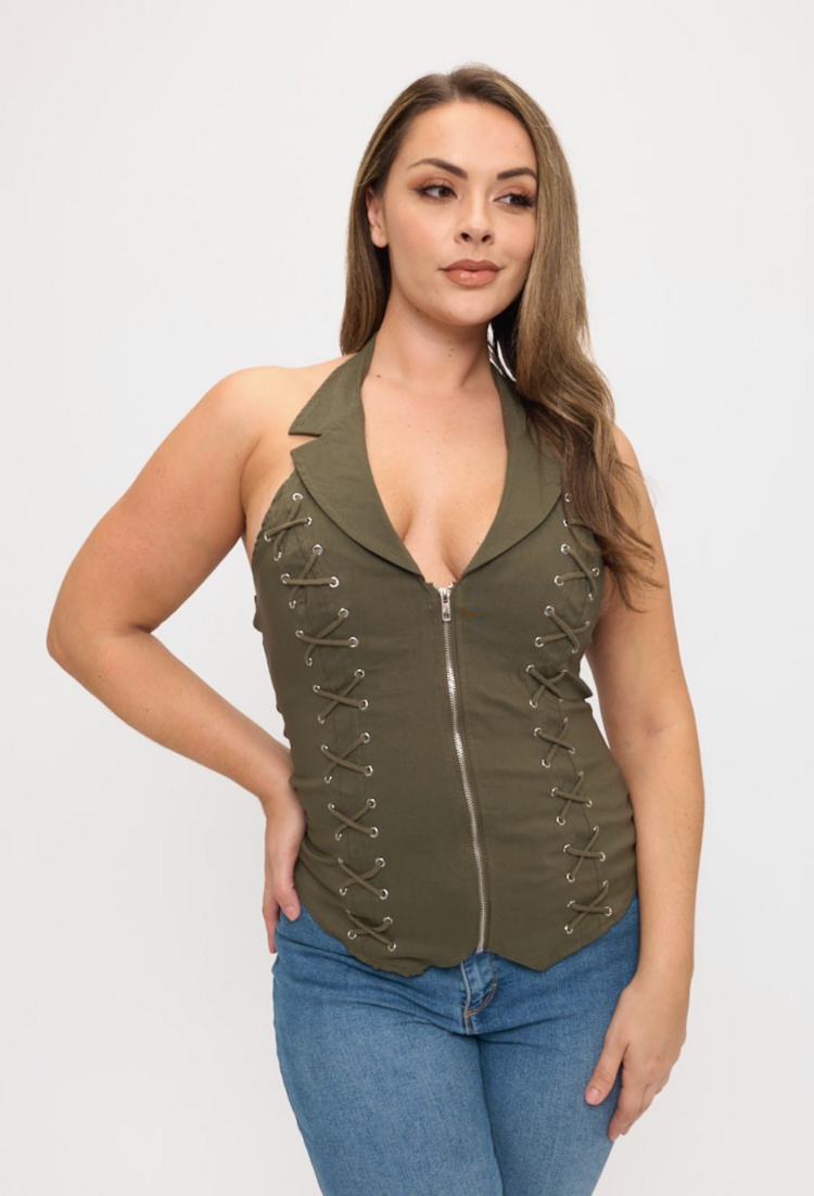 Lace Up Detail Collar Halter Top Plus