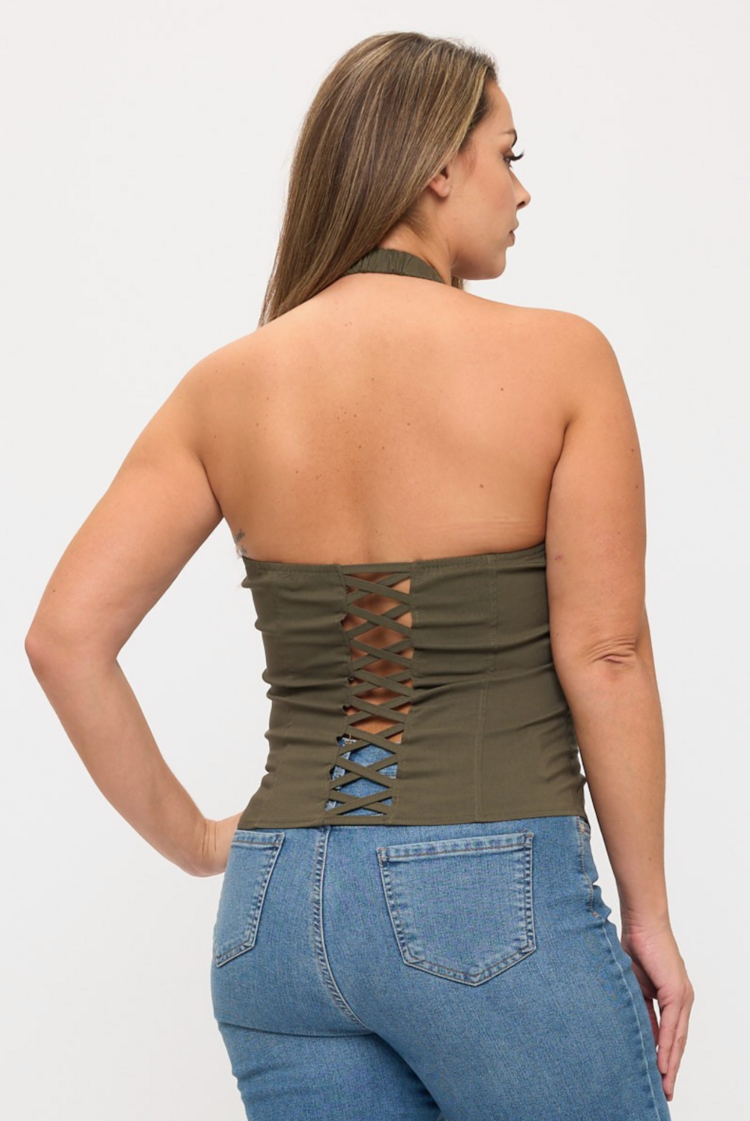 Lace Up Detail Collar Halter Top Plus