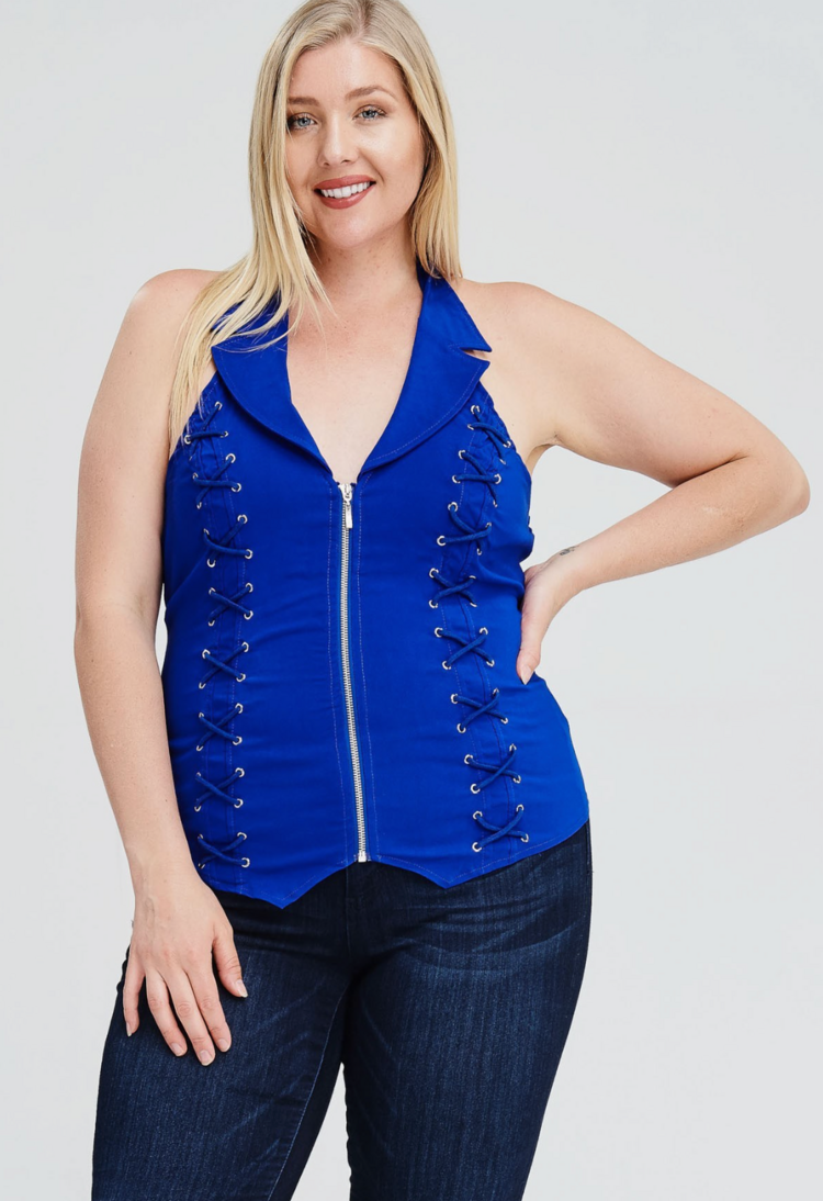 Lace Up Detail Collar Halter Top Plus