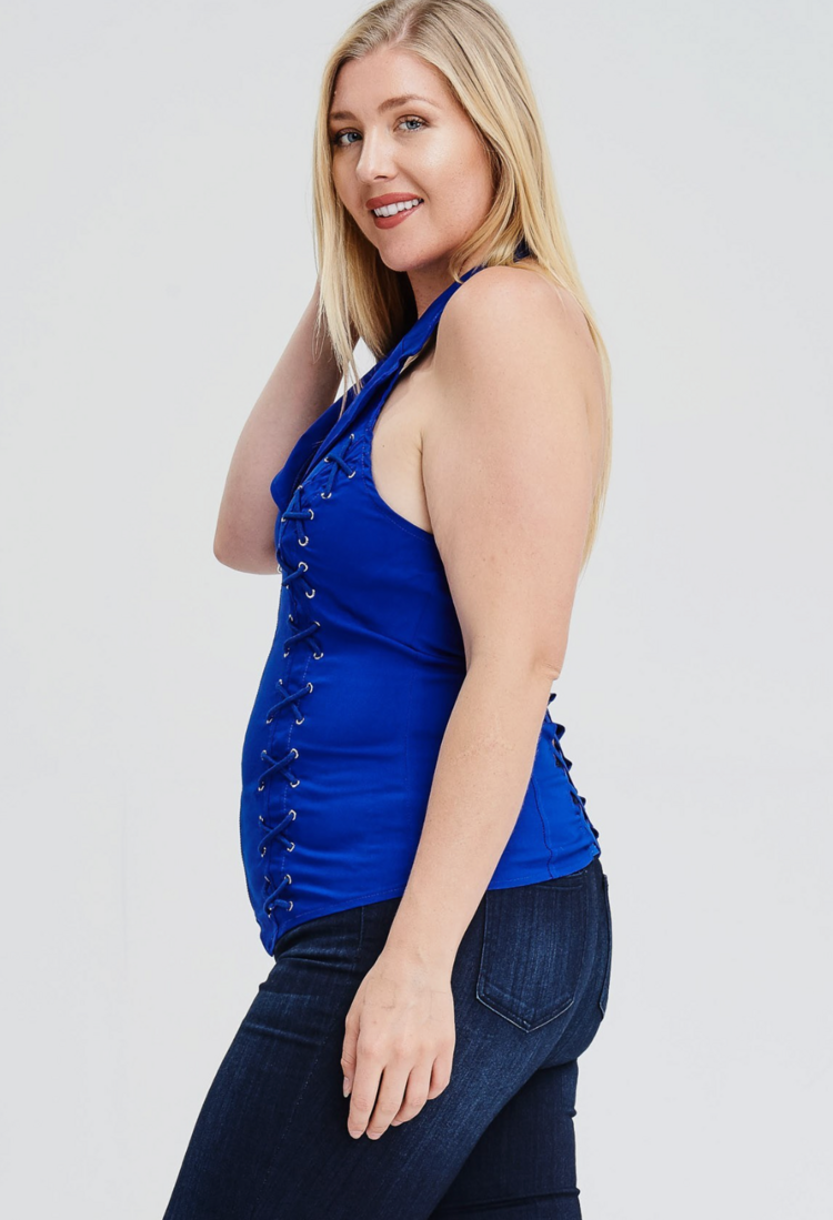 Lace Up Detail Collar Halter Top Plus