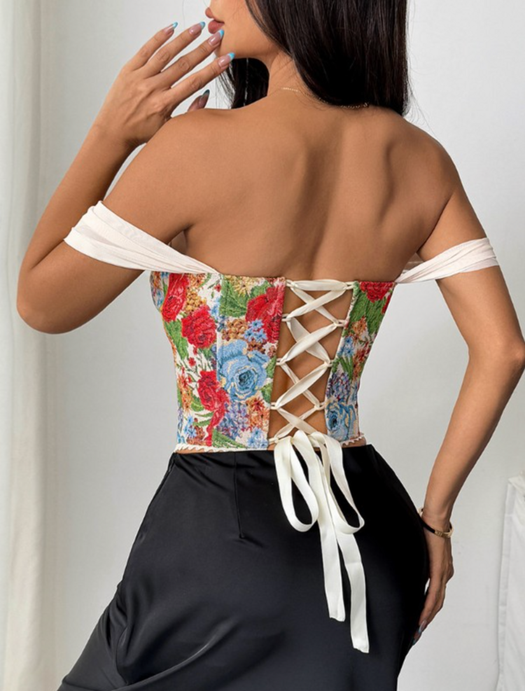 Off Shoulder Floral Jacquard Corset Top
