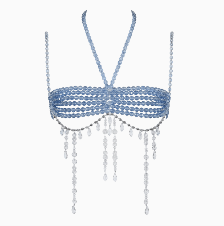 Aqua Blue Clear Beaded Backless Carnival Top