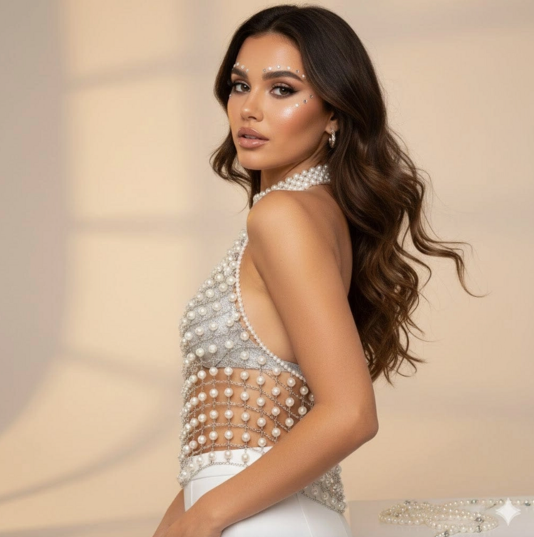 Opalite Pearl White Backless Carnival Crop Top