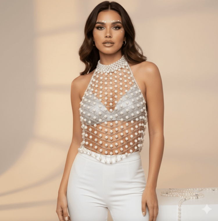 Opalite Pearl White Backless Carnival Crop Top