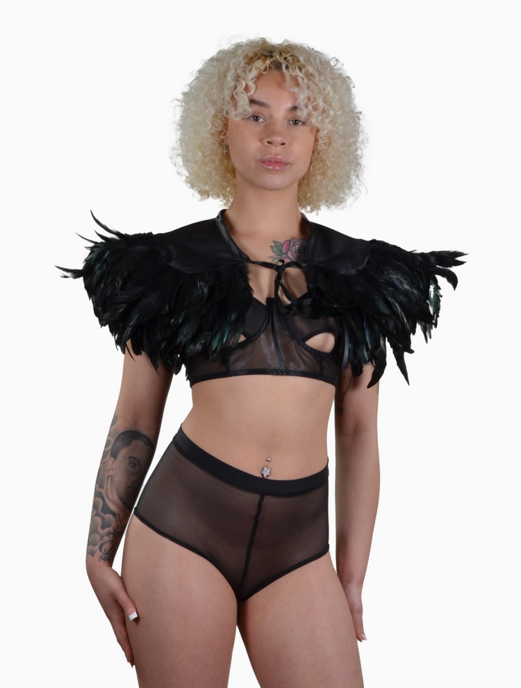 Hoss International Feather Tie Front Cape Black
