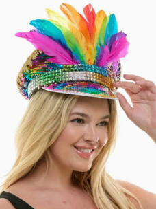 Rainbow Sequin Feather Captain Hat