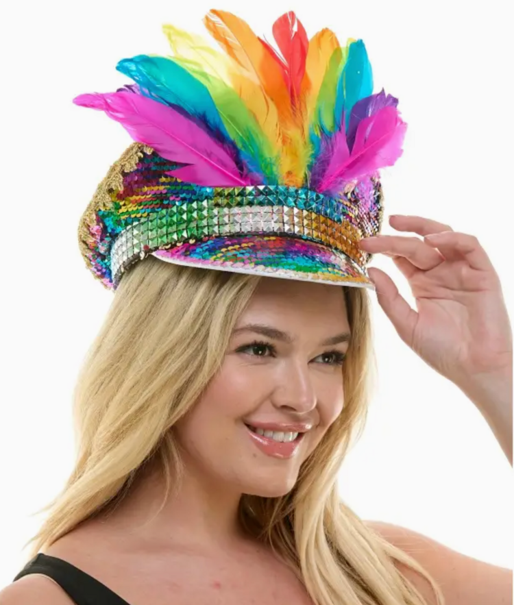 Rainbow Sequin Feather Captain Hat
