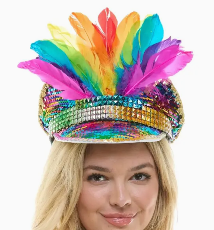 Rainbow Sequin Feather Captain Hat