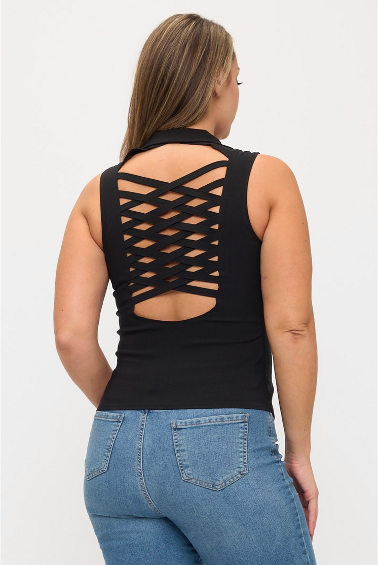 Lace Up Detail Criss Cross Back Cutout Halter Top Plus