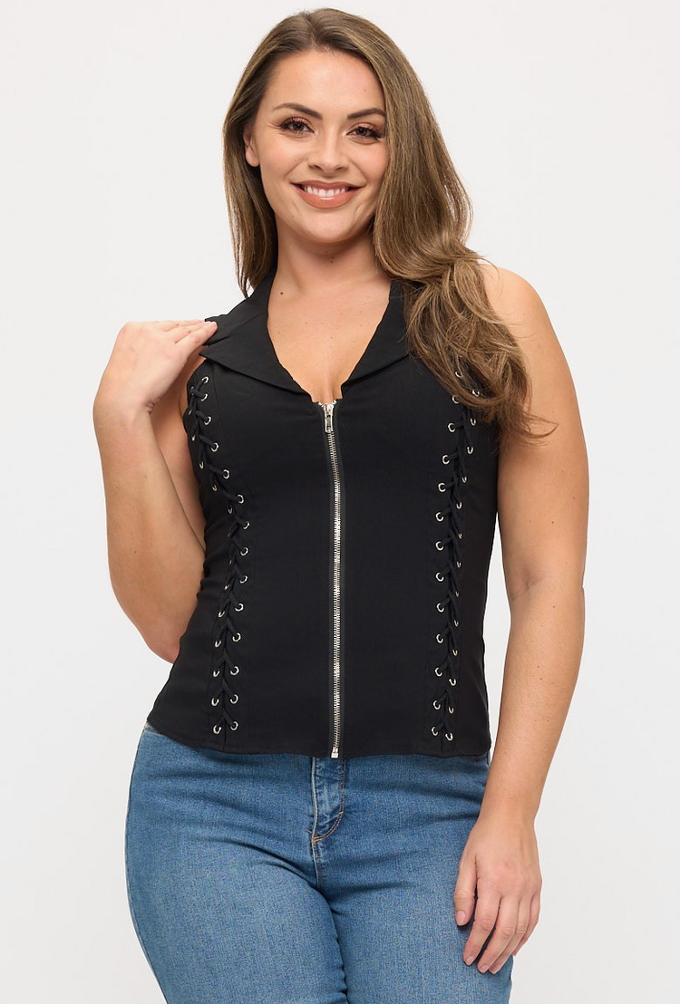 Lace Up Detail Criss Cross Back Cutout Halter Top Plus