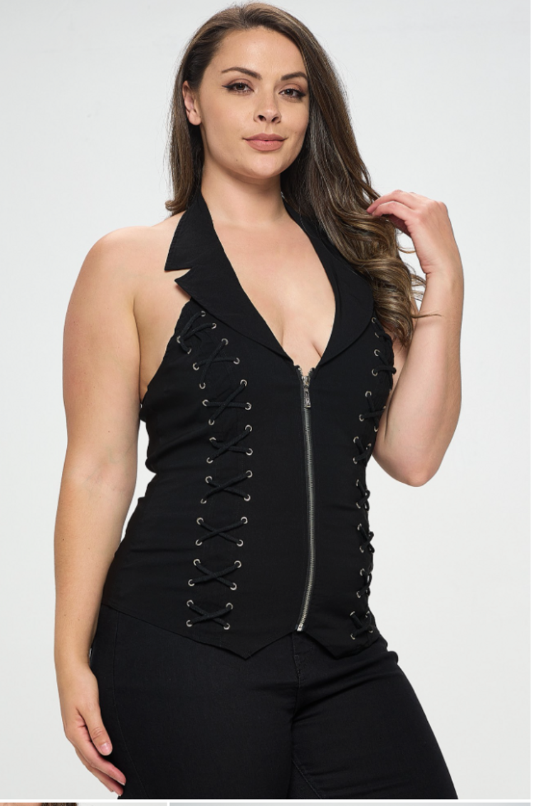 Lace Up Detail Collar Halter Top Plus