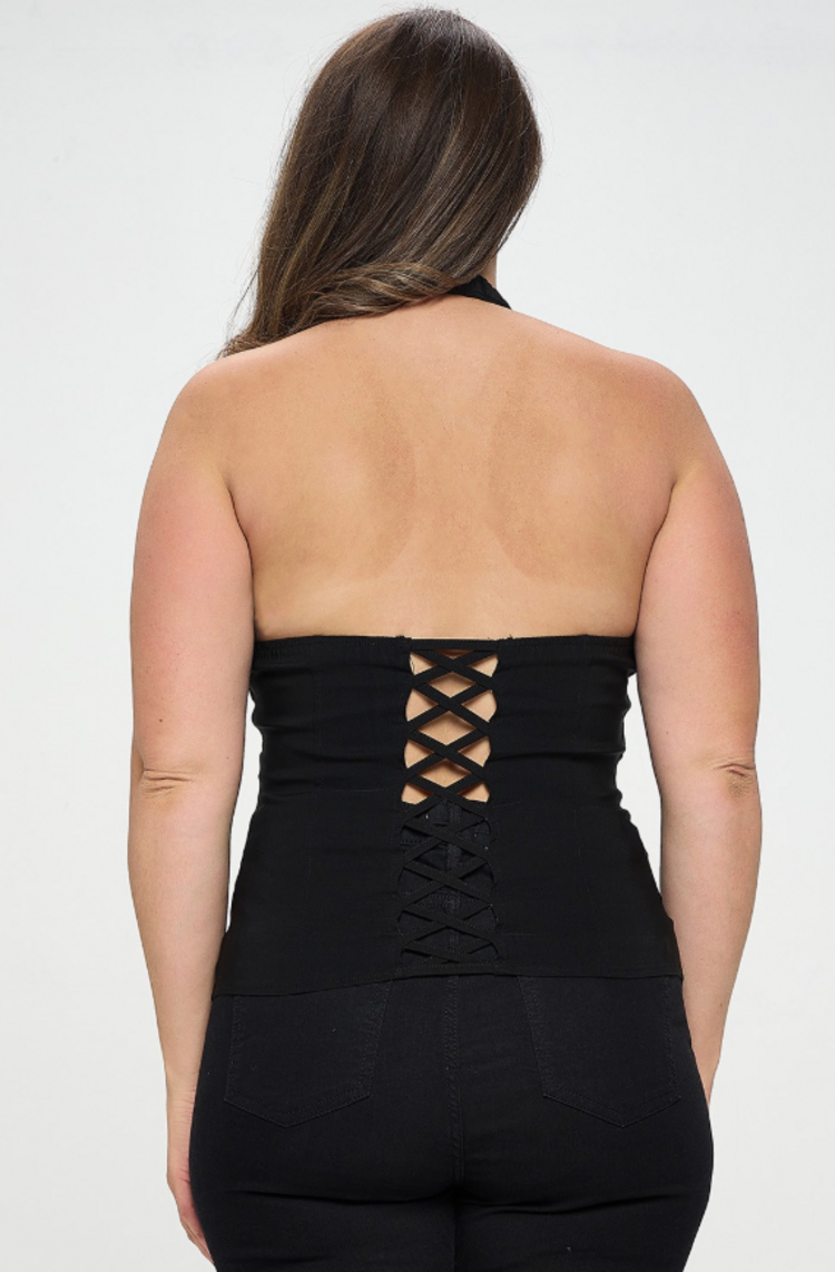 Lace Up Detail Collar Halter Top Plus