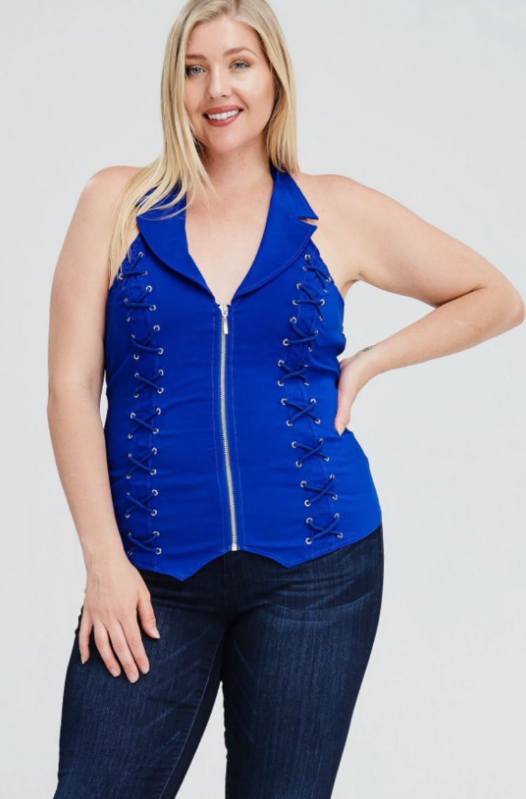 Lace Up Detail Collar Halter Top Plus