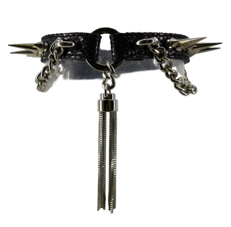 Tassel and Spike Choker w/ Cuban Side Chain Black