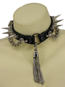 Tassel and Spike Choker w/ Cuban Side Chain Black