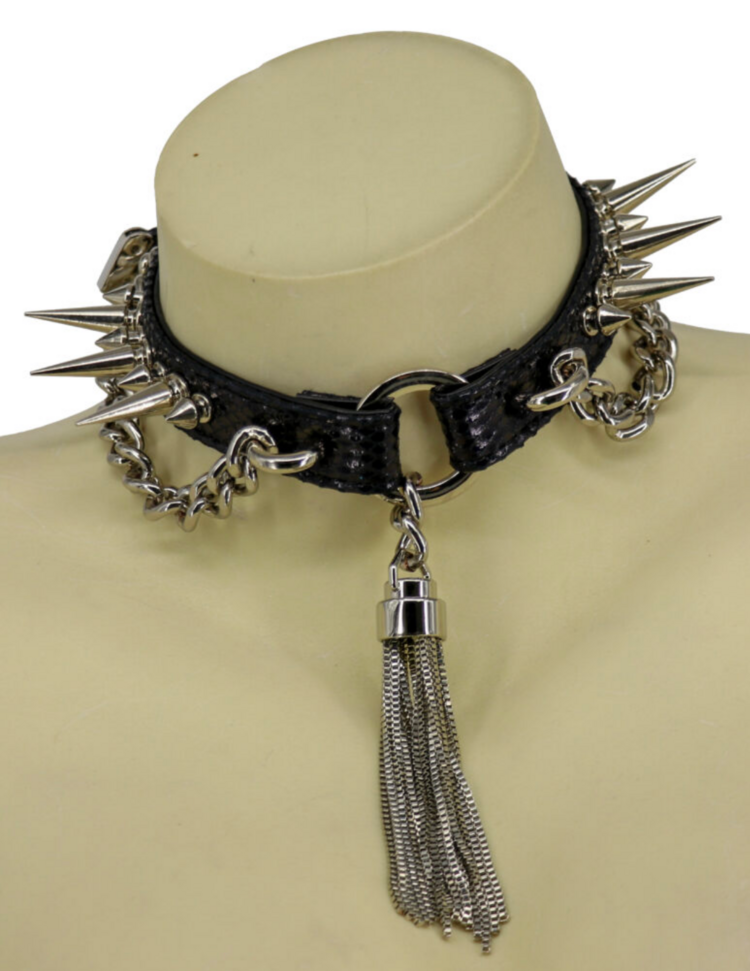 Tassel and Spike Choker w/ Cuban Side Chain Black